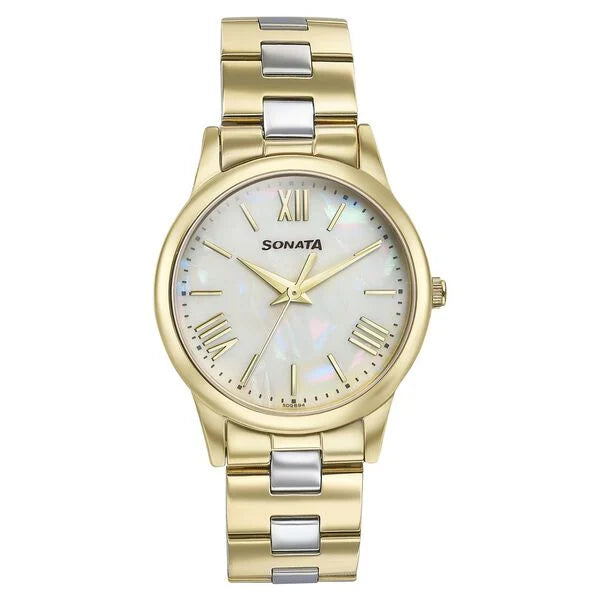 Sonata Glam Gold Quartz Analog Off White Dial Stainless Steel Strap Watch For Women 87061bm01w