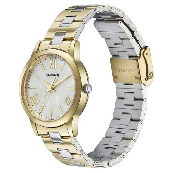 Sonata Glam Gold Quartz Analog Off White Dial Stainless Steel Strap Watch For Women 87061bm01w