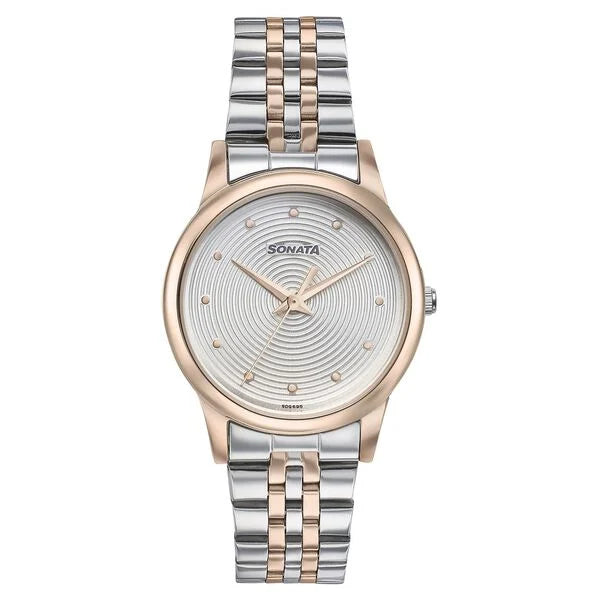 Sonata Glam Gold Quartz Analog Silver Dial Stainless Steel Strap Watch For Women 87061km01w