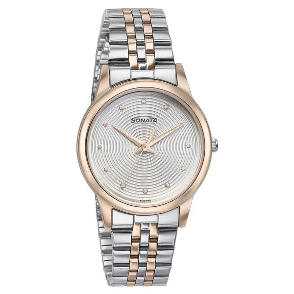 Sonata Glam Gold Quartz Analog Silver Dial Stainless Steel Strap Watch For Women 87061km01w