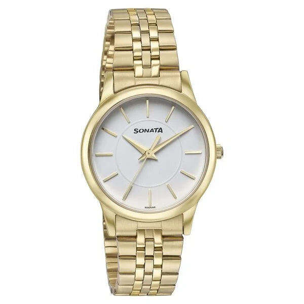 Sonata Glam Gold Quartz Analog White Dial Stainless Steel Strap Watch For Women 87061ym01w