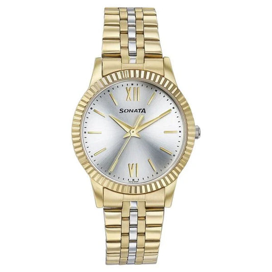 Sonata Glam Gold Quartz Analog Silver Dial Stainless Steel Strap Watch For Women 87062bm01w