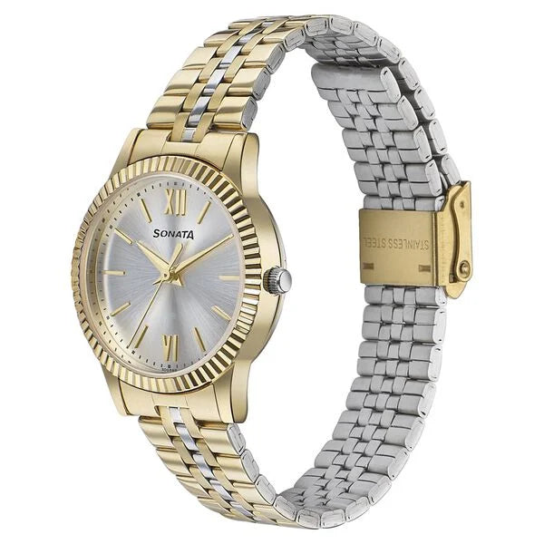 Sonata Glam Gold Quartz Analog Silver Dial Stainless Steel Strap Watch For Women 87062bm01w