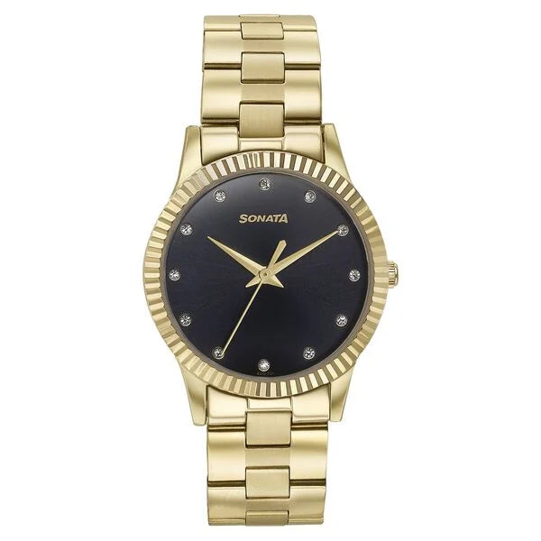 Sonata Glam Gold Quartz Analog Black Dial Stainless Steel Strap Watch For Women 87062ym01w