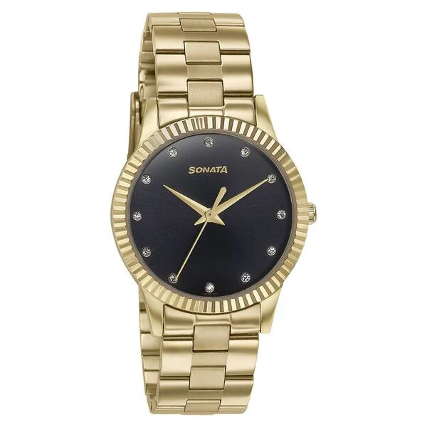 Sonata Glam Gold Quartz Analog Black Dial Stainless Steel Strap Watch For Women 87062ym01w