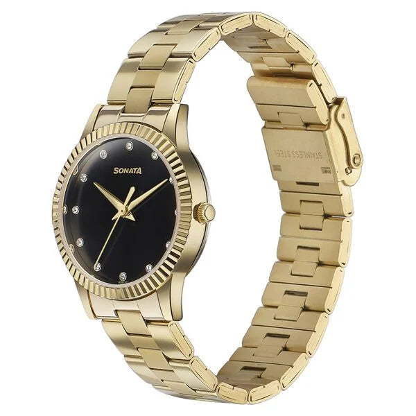 Sonata Glam Gold Quartz Analog Black Dial Stainless Steel Strap Watch For Women 87062ym01w