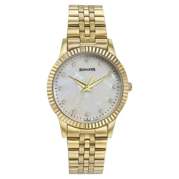 Sonata Glam Gold Quartz Analog Off White Dial Stainless Steel Strap Watch For Women 87062ym02w