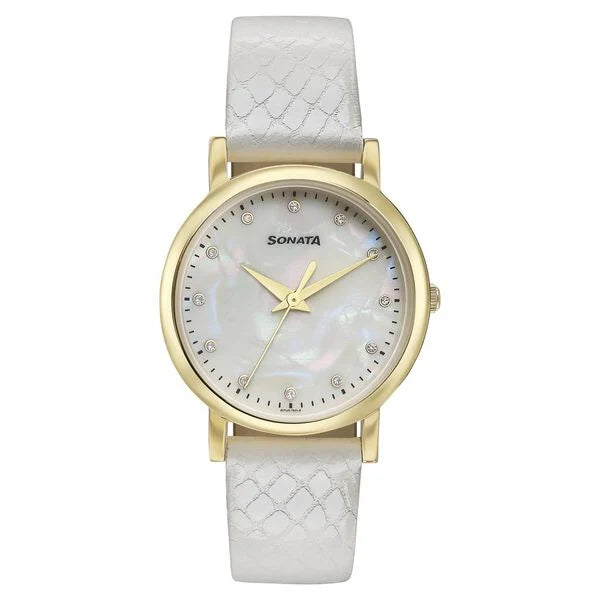 Sonata Glam Gold Quartz Analog Off White Dial Leather Strap Watch For Women 87063yl02w