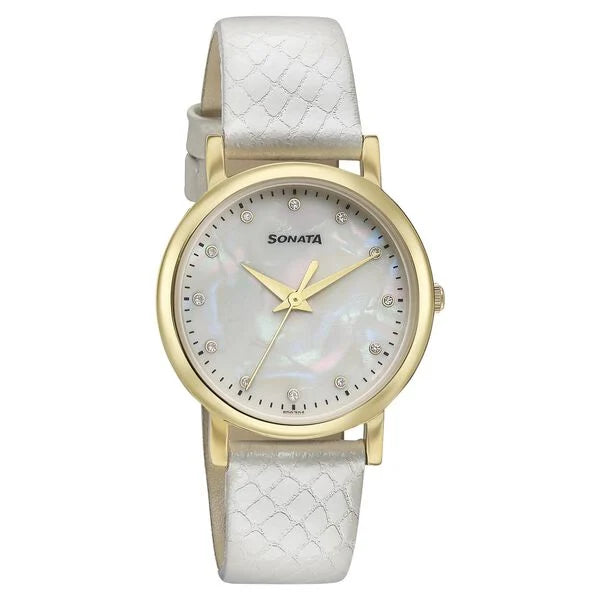 Sonata Glam Gold Quartz Analog Off White Dial Leather Strap Watch For Women 87063yl02w