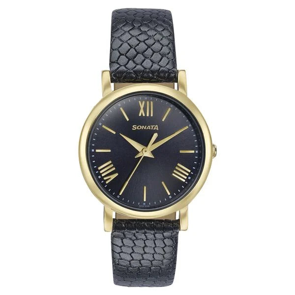 Sonata Glam Gold Quartz Analog Black Dial Leather Strap Watch For Women 87063yl04w