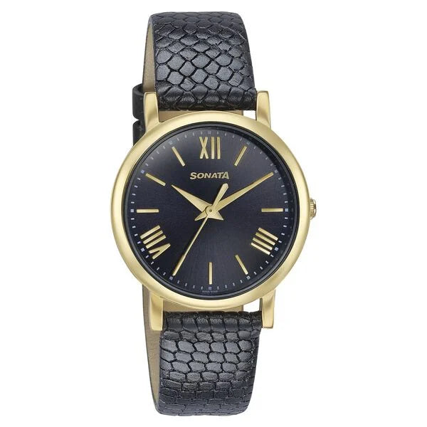 Sonata Glam Gold Quartz Analog Black Dial Leather Strap Watch For Women 87063yl04w