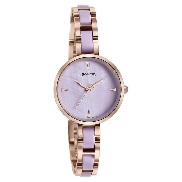 Sonata Wedding Edit Quartz Analog Purple Dial Stainless Steel With Acetate Strap Watch For Women 87064kd03