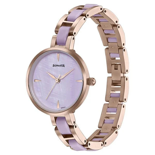 Sonata Wedding Edit Quartz Analog Purple Dial Stainless Steel With Acetate Strap Watch For Women 87064kd03