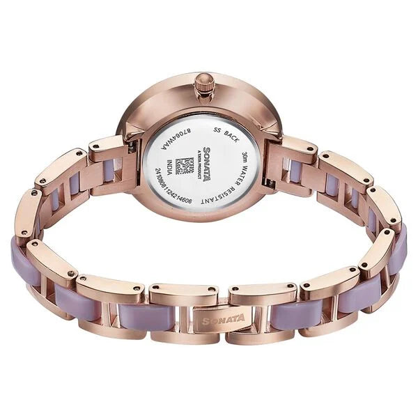 Sonata Wedding Edit Quartz Analog Purple Dial Stainless Steel With Acetate Strap Watch For Women 87064kd03