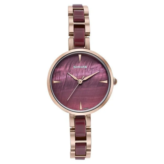 Sonata Wedding Edit Quartz Analog Maroon Dial Stainless Steel With Acetate Strap Watch For Women 87064kd05