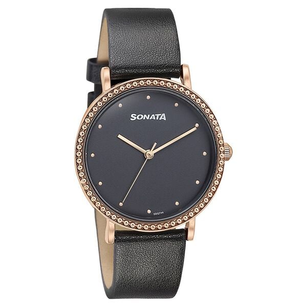 Sonata Quartz Analog Black Dial Black Leather Strap Watch For Women 87066wl01