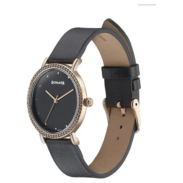 Sonata Quartz Analog Black Dial Black Leather Strap Watch For Women 87066wl01