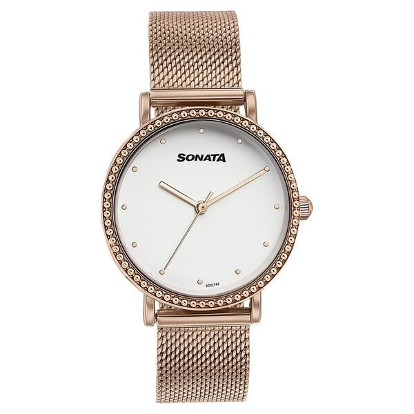 Sonata Quartz Analog White Dial Rose Gold Stainless Steel Strap Watch For Women 87066wm01