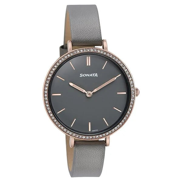 Sonata Quartz Analog Grey Dial Grey Leather Strap Watch For Women 87070wl01