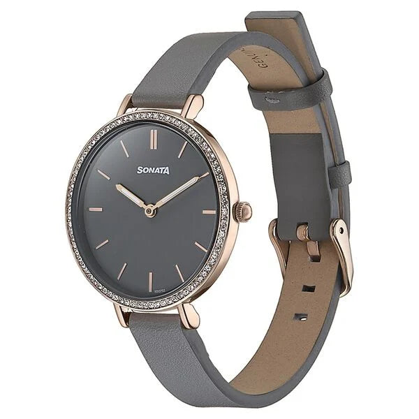 Sonata Quartz Analog Grey Dial Grey Leather Strap Watch For Women 87070wl01