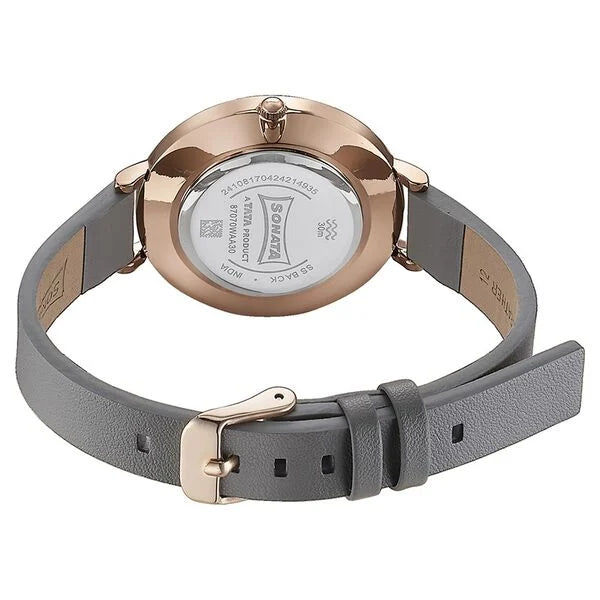 Sonata Quartz Analog Grey Dial Grey Leather Strap Watch For Women 87070wl01