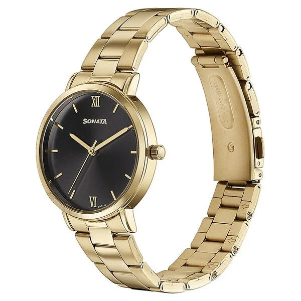 Sonata Quartz Analog Black Dial Golden Stainless Steel Strap Watch For Women 87071ym01