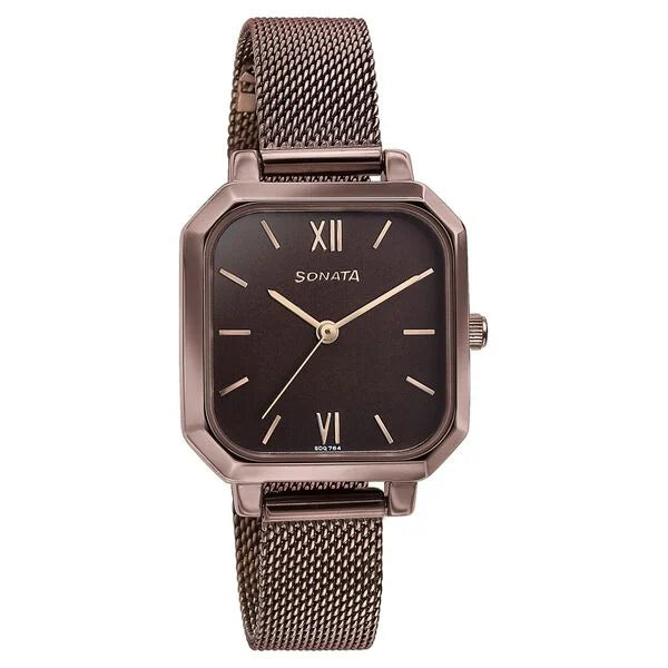 Sonata Modern Edit Quartz Analog Brown Dial Brown Stainless Steel Strap Watch For Women 87072qm01