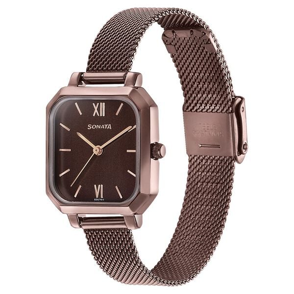 Sonata Modern Edit Quartz Analog Brown Dial Brown Stainless Steel Strap Watch For Women 87072qm01