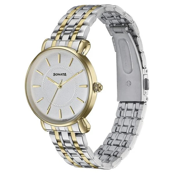 Sonata Wedding Quartz Analog Off White Dial Stainless Steel Strap Watch For Women 87075bm01