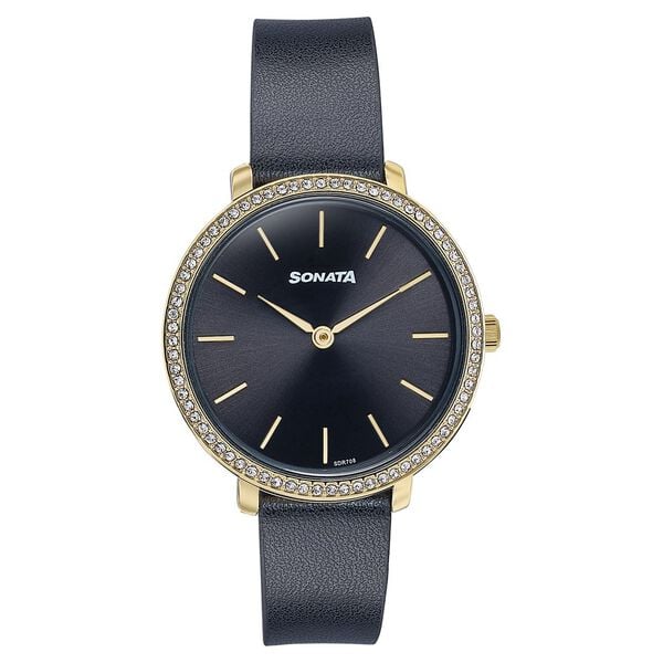 Sonata Wedding Edit Quartz Analog Black Dial Leather Strap Watch For Women 87080yl02