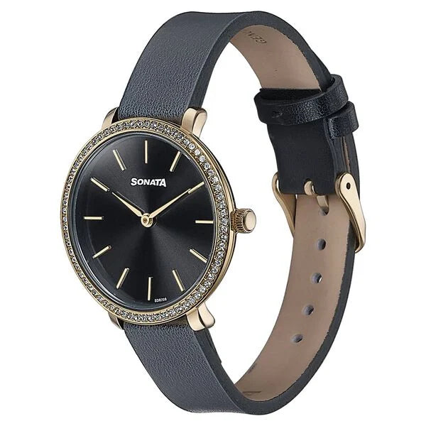 Sonata Wedding Edit Quartz Analog Black Dial Leather Strap Watch For Women 87080yl02