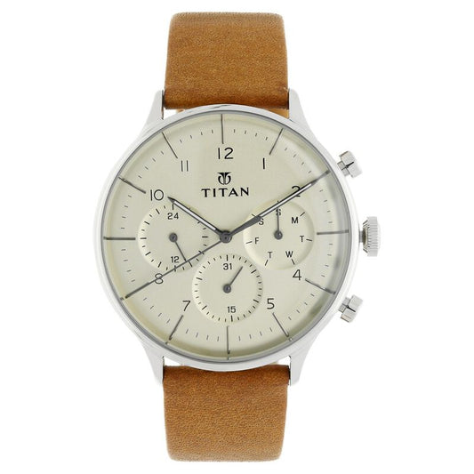 Titan Quartz Multifunction Silver Dial Leather Strap Watch for Men NR90102SL01 / NS90102SL01