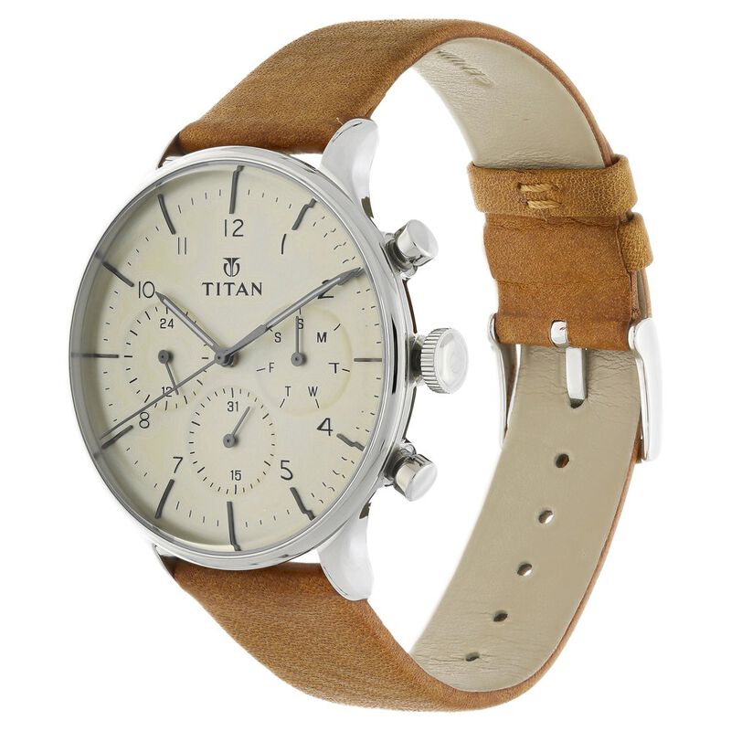 Titan Quartz Multifunction Silver Dial Leather Strap Watch for Men NR90102SL01 / NS90102SL01