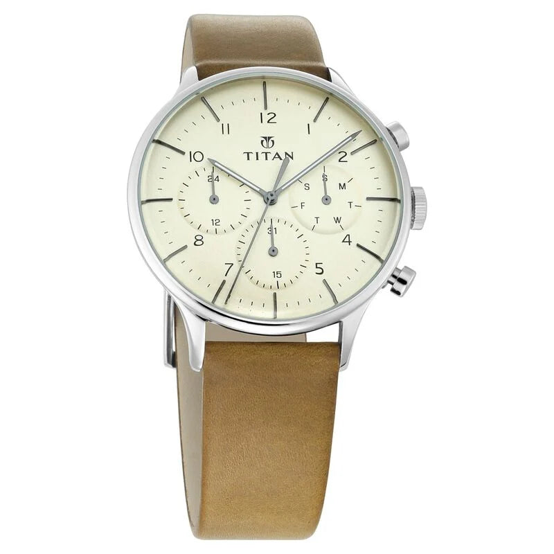 Titan On Trend White Dial Quartz Multifunction Leather Strap watch for Men NS90102SL02 / 90102SL02