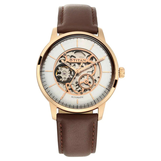 Automatic Watch with Silver White Dial & Brown Strap NP90110WL03