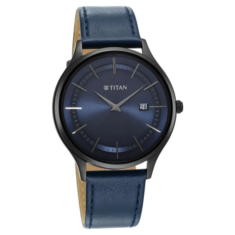 Titan Classique Slimline Blue Dial Analog with Date Leather Strap watch for Men NS90142NL01 / 90142NL01