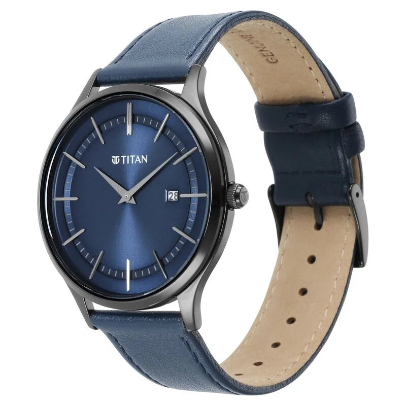 Titan Classique Slimline Blue Dial Analog with Date Leather Strap watch for Men NS90142NL01 / 90142NL01