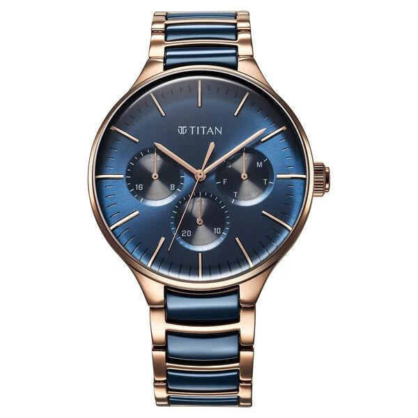 Titan Ceramic Fusion Quartz Multifunction Blue Dial With Two Toned Color Stainless Steel Strap Watch For Men 90148kd04