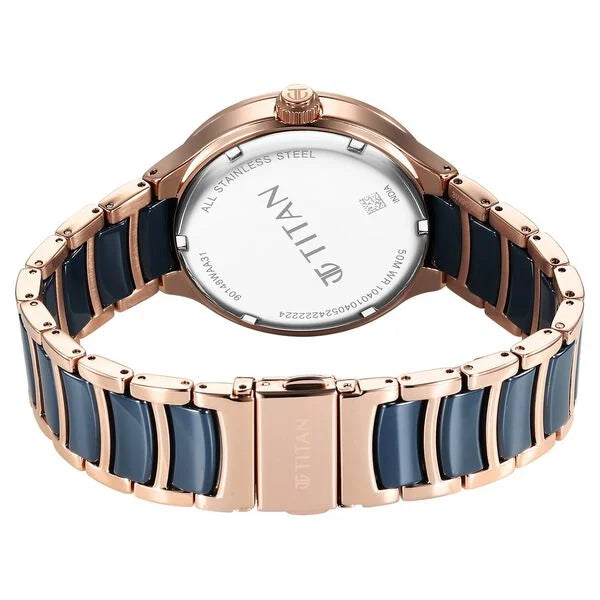 Titan Ceramic Fusion Quartz Multifunction Blue Dial With Two Toned Color Stainless Steel Strap Watch For Men 90148kd04