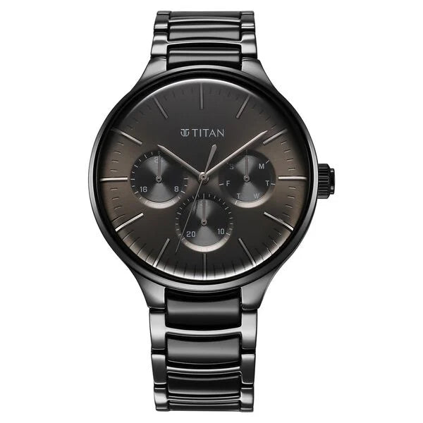 Titan Ceramic Fusion Quartz Multifunction Black Dial With Two Toned Color Stainless Steel Strap Watch For Men 90148kd06