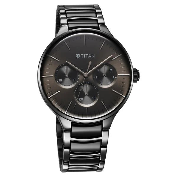 Titan Ceramic Fusion Quartz Multifunction Black Dial With Two Toned Color Stainless Steel Strap Watch For Men 90148kd06