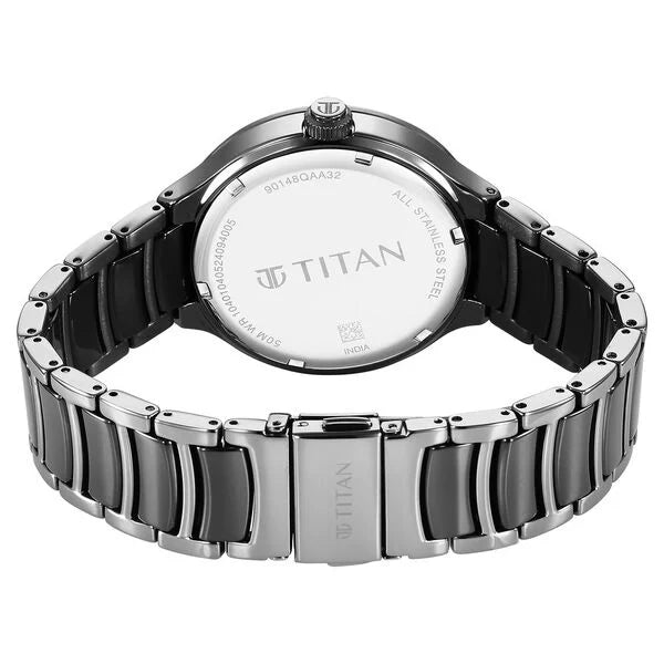 Titan Ceramic Fusion Quartz Multifunction Black Dial With Two Toned Color Stainless Steel Strap Watch For Men 90148kd06