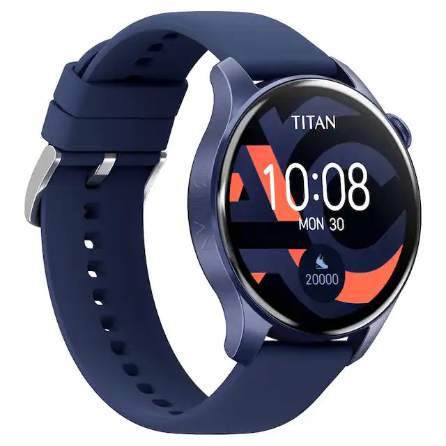 Titan Talk- Touch Screen Watch with Blue Strap, BT Calling, AI- Voice Assistant, and Amoled Display 90156AP04