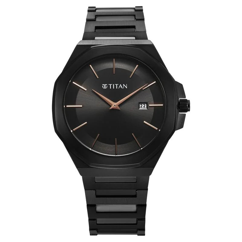 Titan Classic Slim Quartz Analog with Date Black Dial Stainless Steel Strap Watch for Men 90167NM01