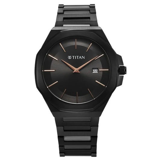 Titan Classic Slim Quartz Analog with Date Black Dial Stainless Steel Strap Watch for Men 90167NM01