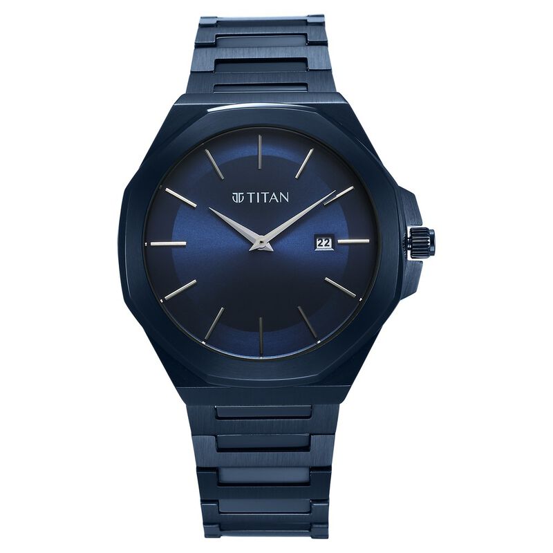 Titan Classic Slim Quartz Analog with Date Blue Dial Stainless Steel Strap Watch for Men 90167QM01