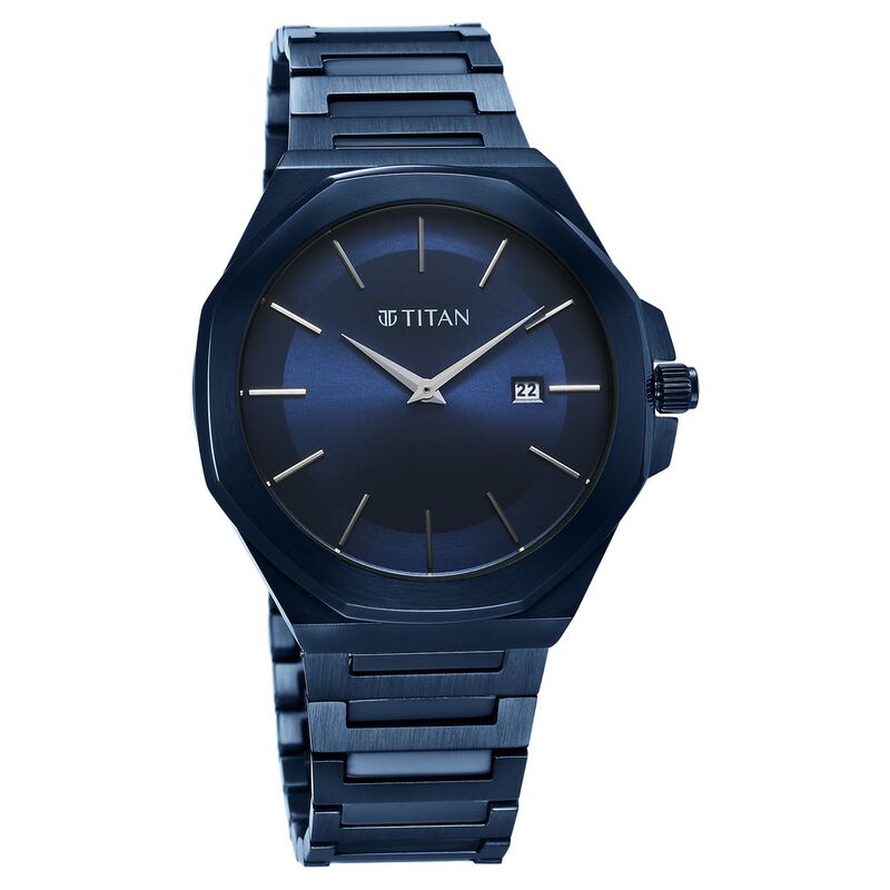 Titan Classic Slim Quartz Analog with Date Blue Dial Stainless Steel Strap Watch for Men 90167QM01