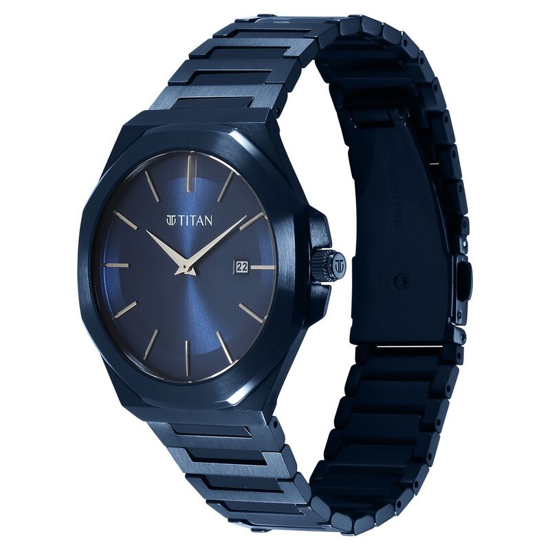 Titan Classic Slim Quartz Analog with Date Blue Dial Stainless Steel Strap Watch for Men 90167QM01