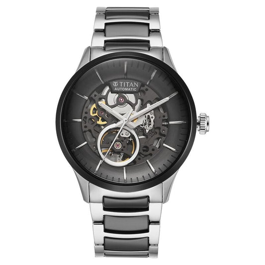 Titan Ceramic Fusion Automatic Black Dial Silver Dual-Toned Stainless Steel Bracelet Watch for Men 90174KD01