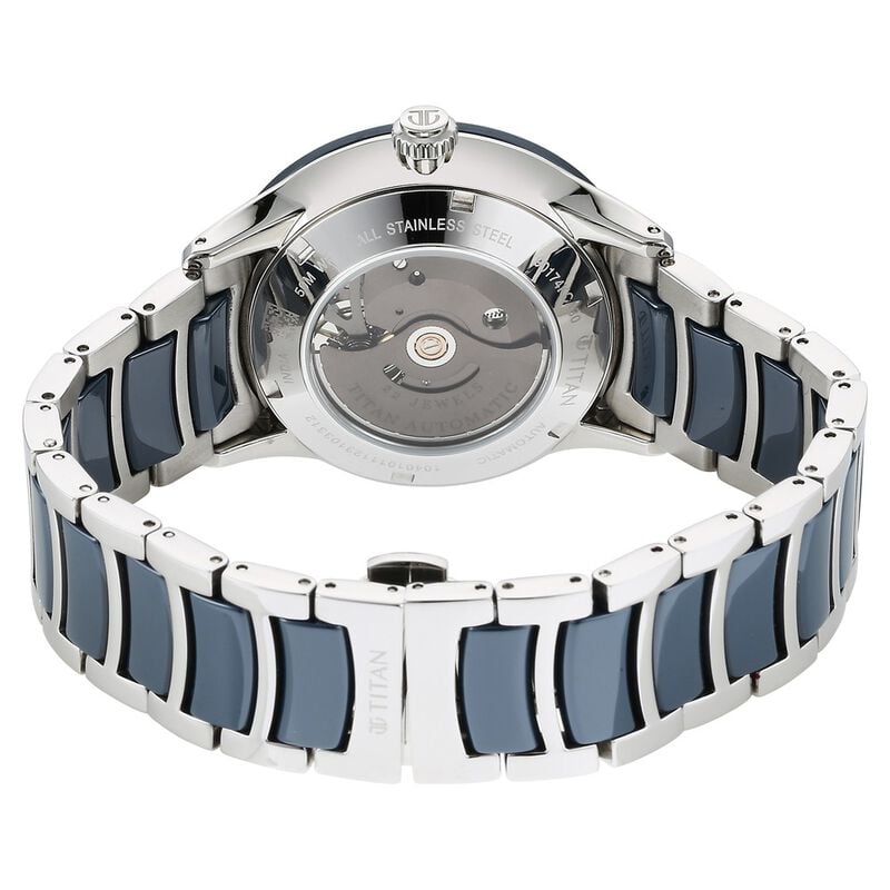 Titan Ceramic Fusion Automatic Blue Dial Silver Dual-Toned Stainless Steel Bracelet Watch for Men 90174KD02